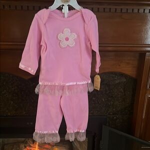 Pink Pajama Set by Chick Pea with Ruffled Trim and Flower Appliqué.